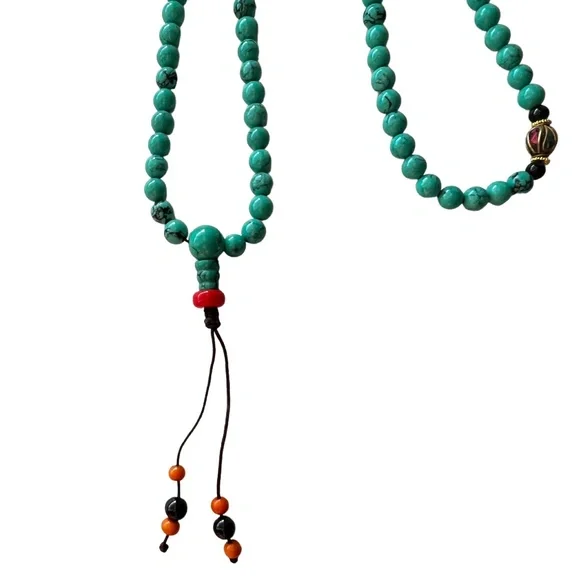 Tibetan Prayer Beads (108) with Red Coral and Turquoise Accents Handmade - Picture 3 of 4
